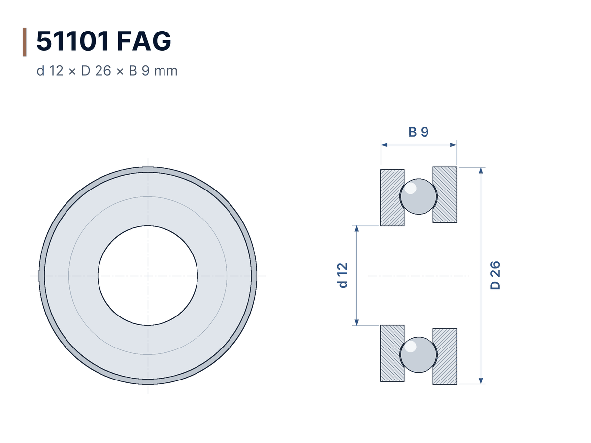 Maßzeichnung 51101 FAG – Axial-Rillenkugellager 12x26x9 mm