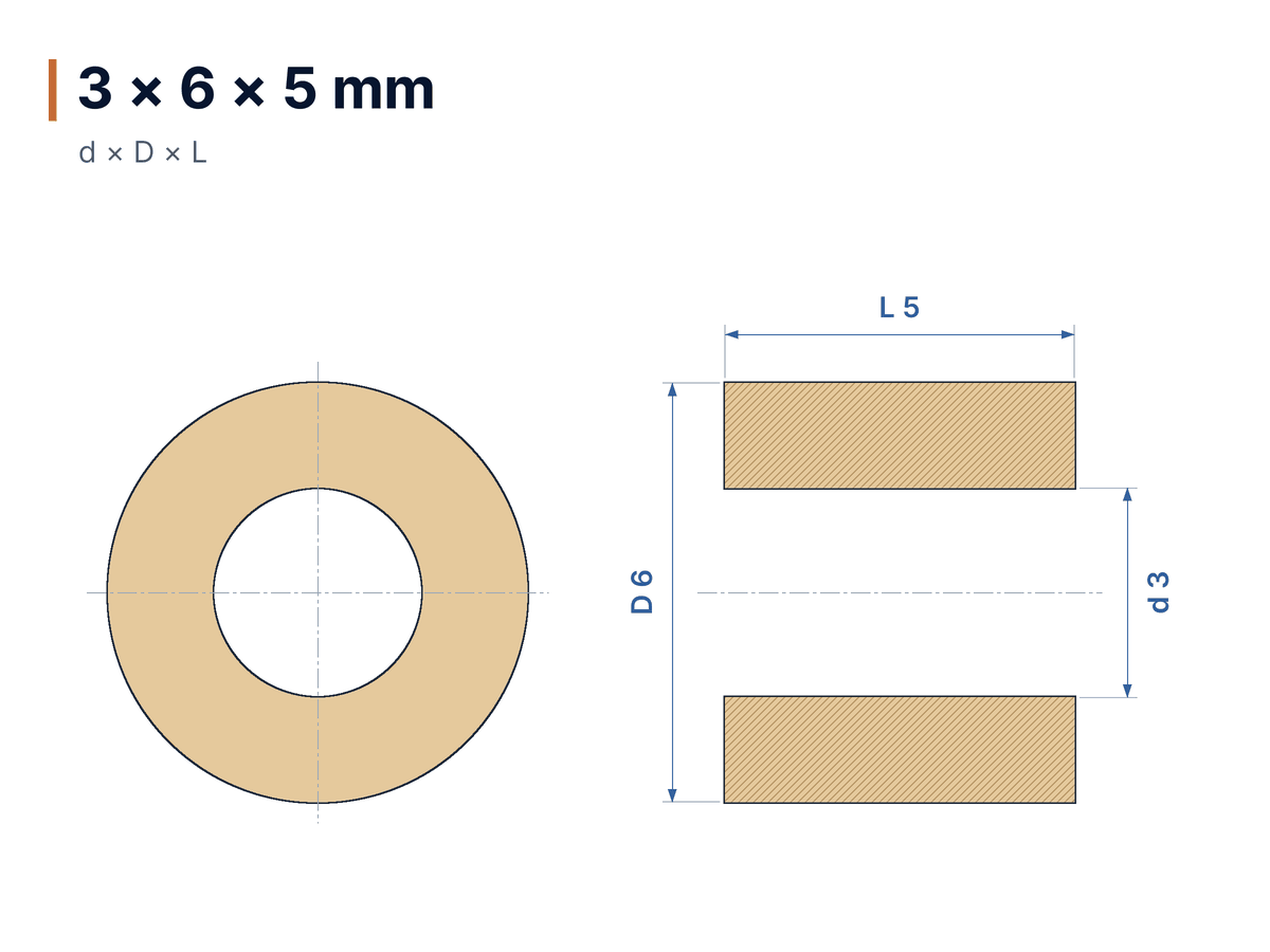 Disegno quotato Boccola Autolubrificante in Bronzo Cilindrica 3x6x5 mm