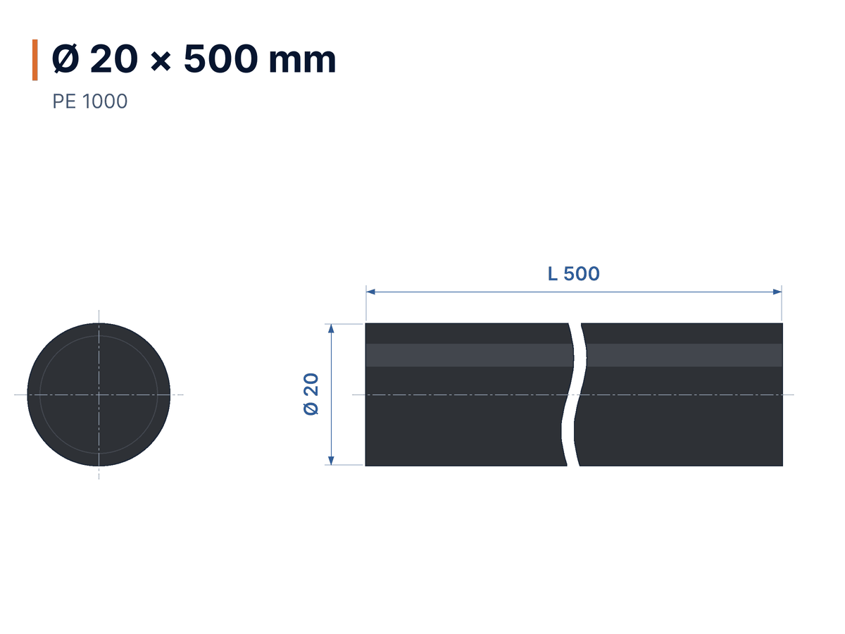 Disegno quotato Tondo Polizene nero 1000 Ø 20 × 500 mm