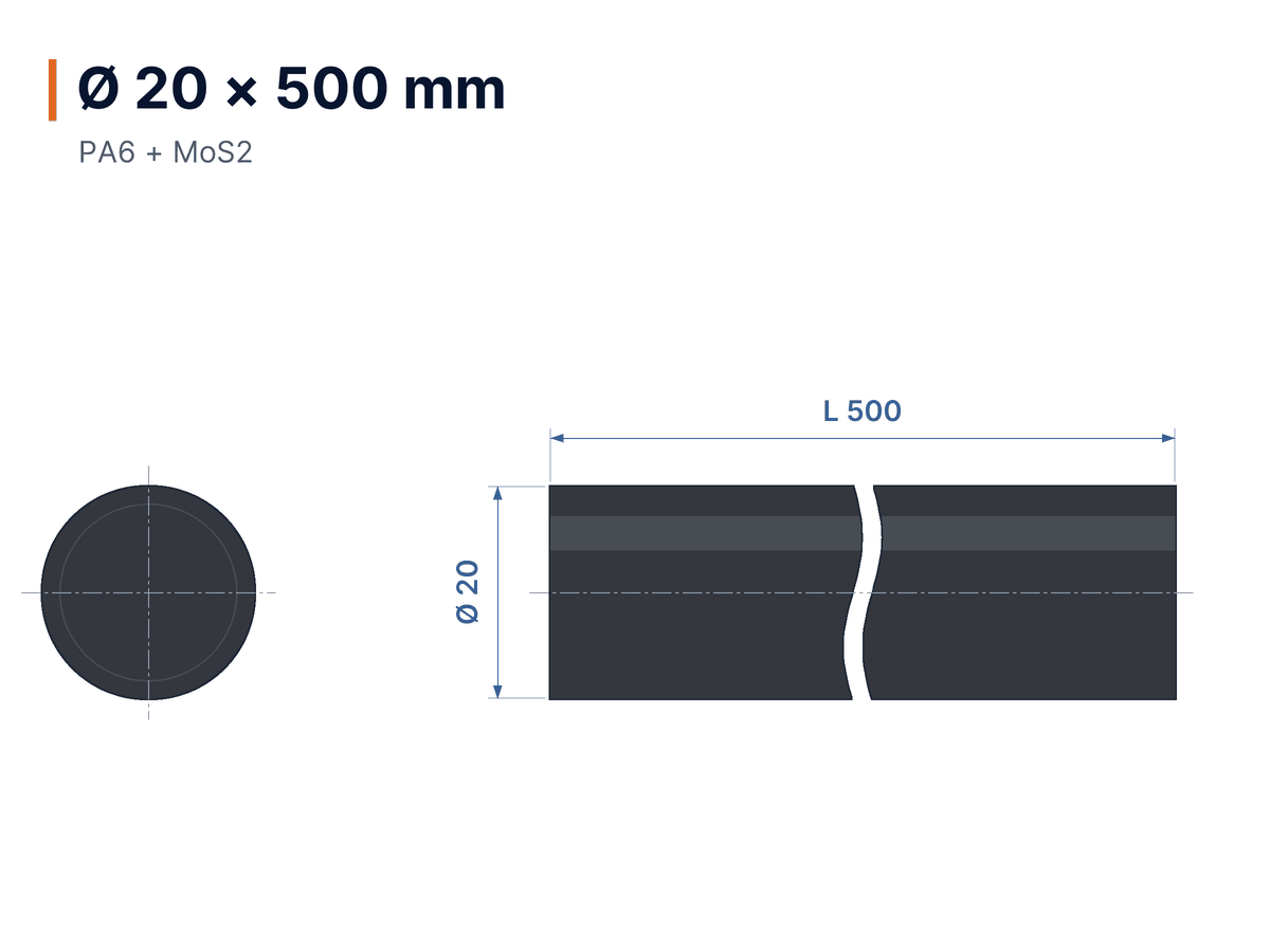 Disegno quotato Tondo Nylon PA6+MoS2 nero Ø 20 × 500 mm