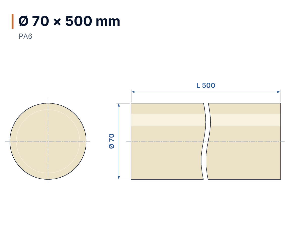 Maßzeichnung Rundstab Nylon PA6 natur Ø 70 × 500 mm