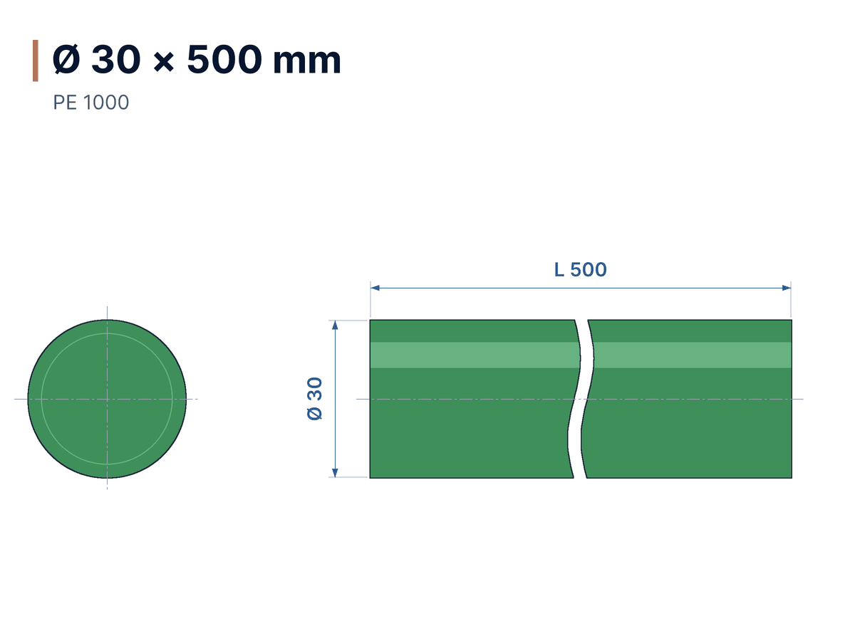 Dimensioned drawing Polizene green rod Ø 30 × 500 mm
