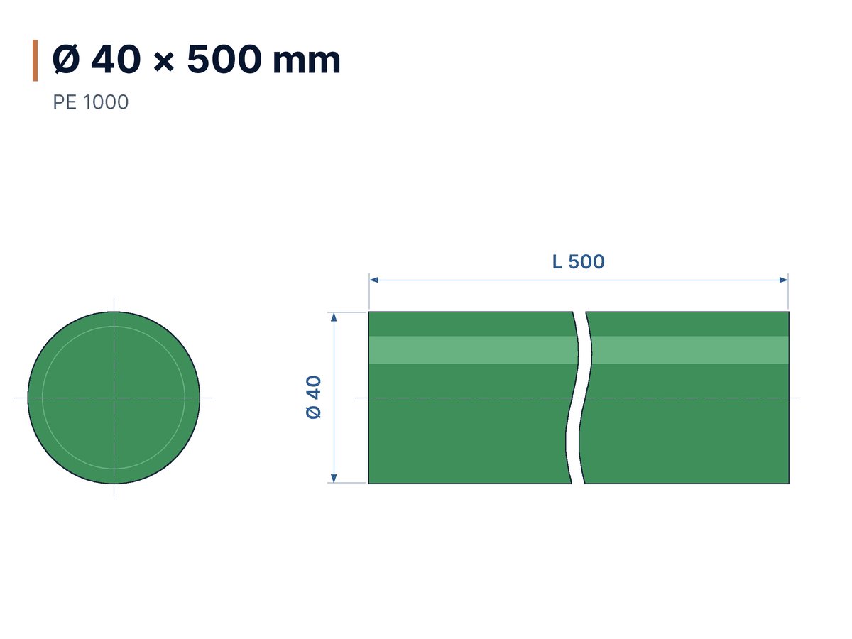 Dimensioned drawing Polizene green rod Ø 40 × 500 mm