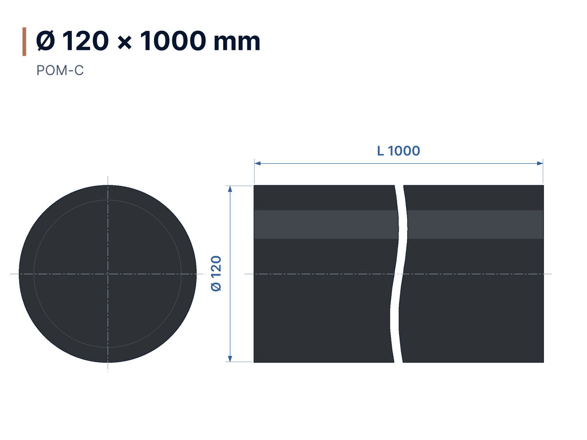 Maßzeichnung Rundstab POM-C schwarz Ø 120 × 1000 mm
