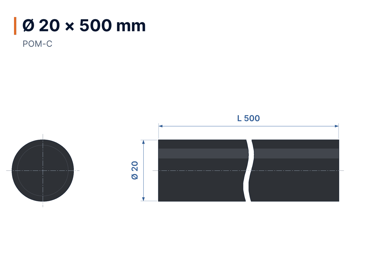 Disegno quotato Tondo POM-C nero Ø 20 × 500 mm