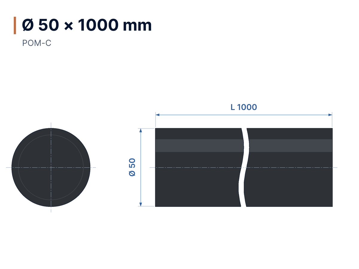 Maßzeichnung Rundstab POM-C schwarz Ø 50 × 1000 mm
