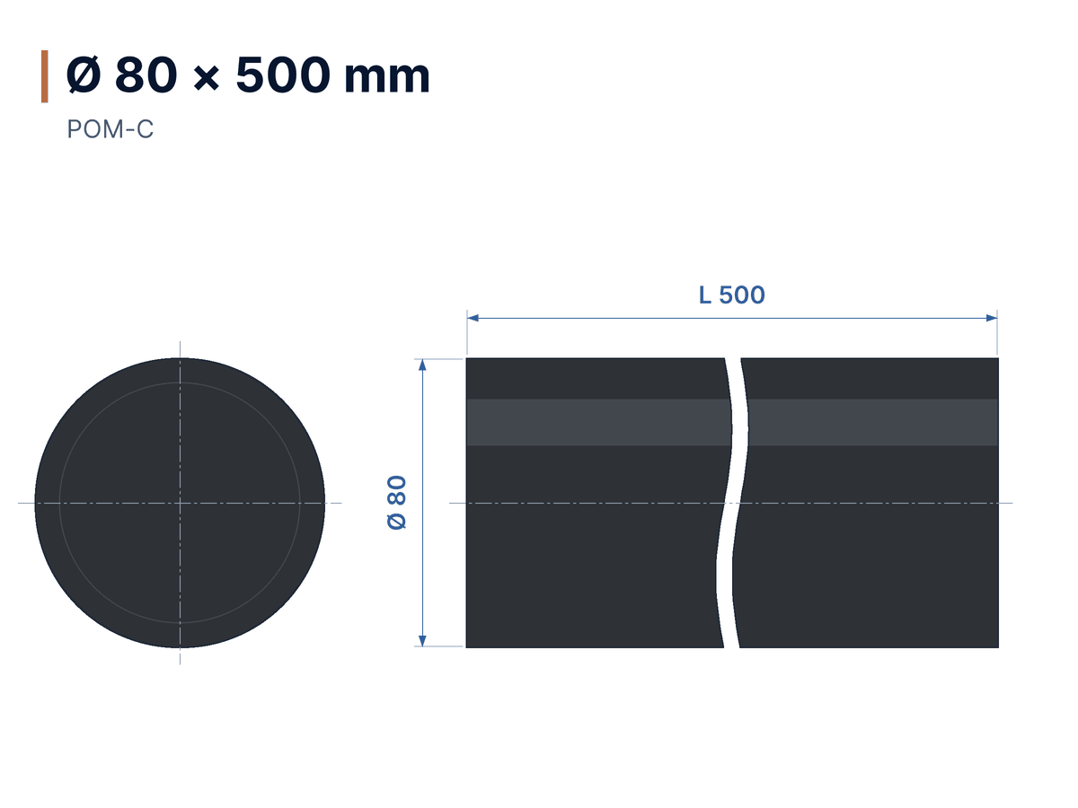 Maßzeichnung Rundstab POM-C schwarz Ø 80 × 500 mm