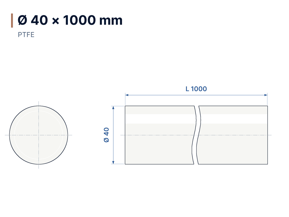 Dimensioned drawing Natural PTFE rod Ø 40 × 1000 mm