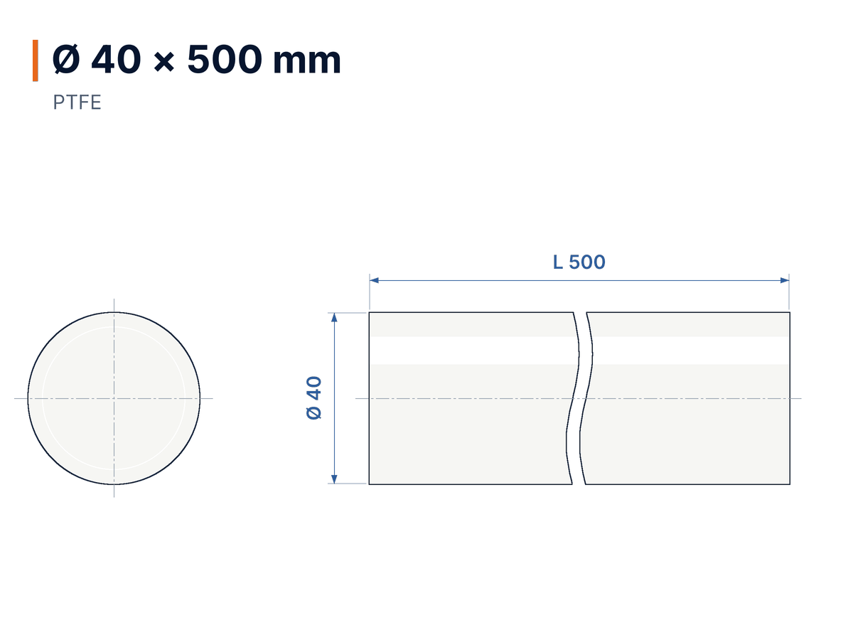 Plan coté Barre ronde PTFE naturel Ø 40 × 500 mm