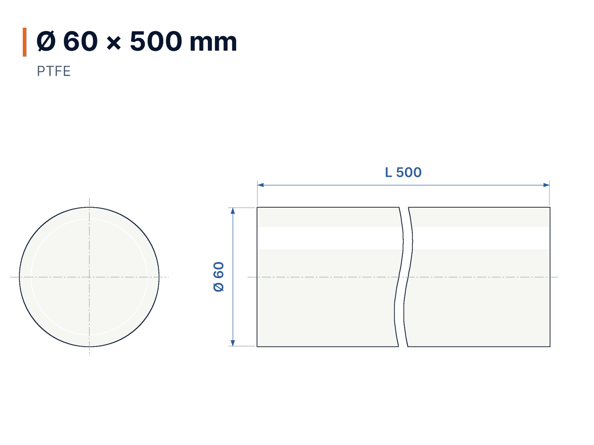 Dimensioned drawing Natural PTFE rod Ø 60 × 500 mm