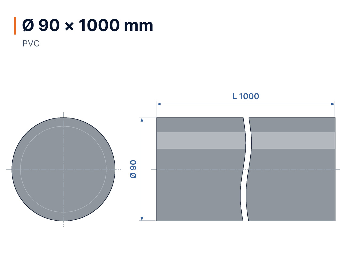 Maßzeichnung Rundstab PVC grau Ø 90 × 1000 mm