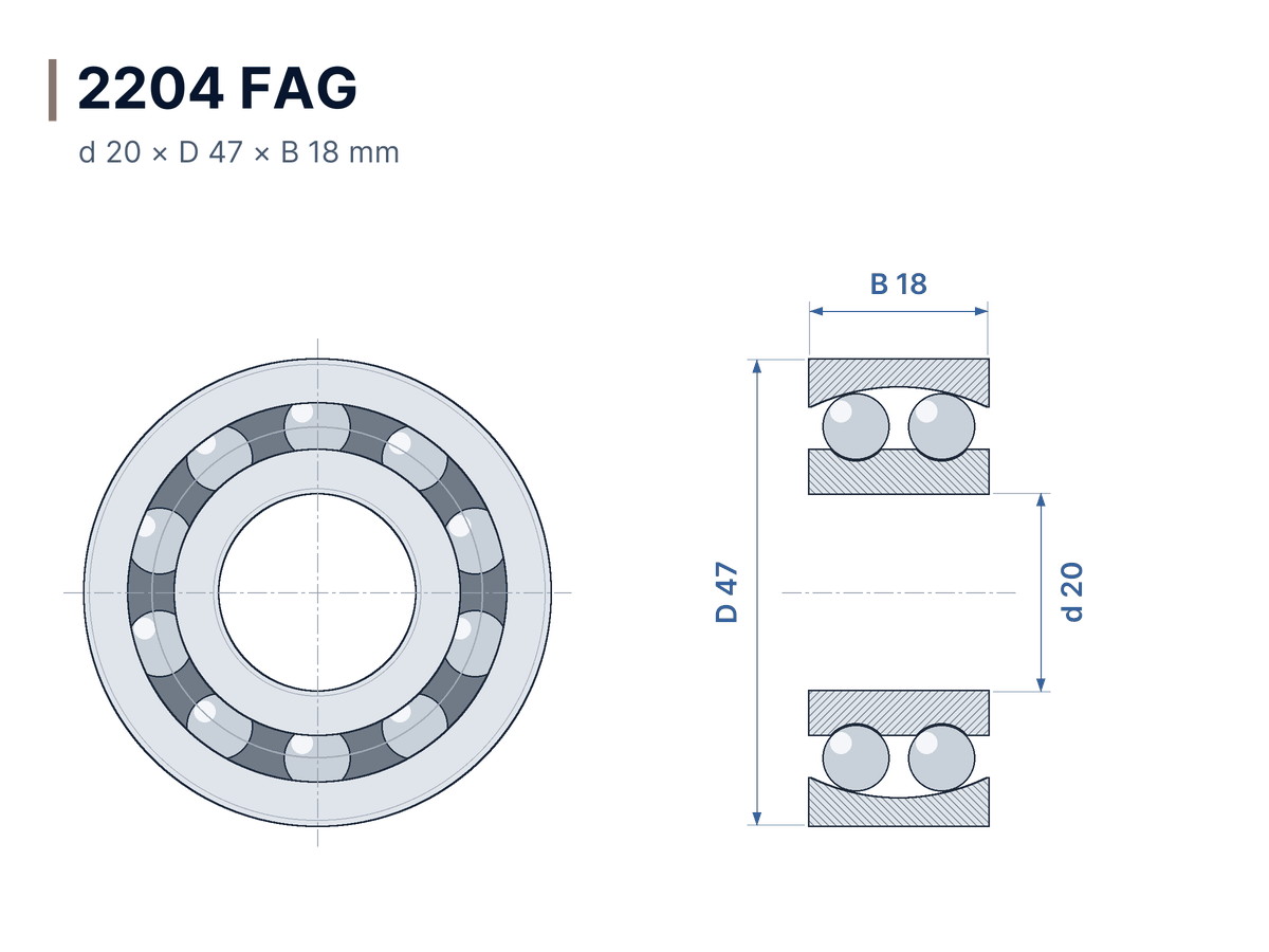 Maßzeichnung 2204 FAG – Pendelkugellager 20x47x18 mm