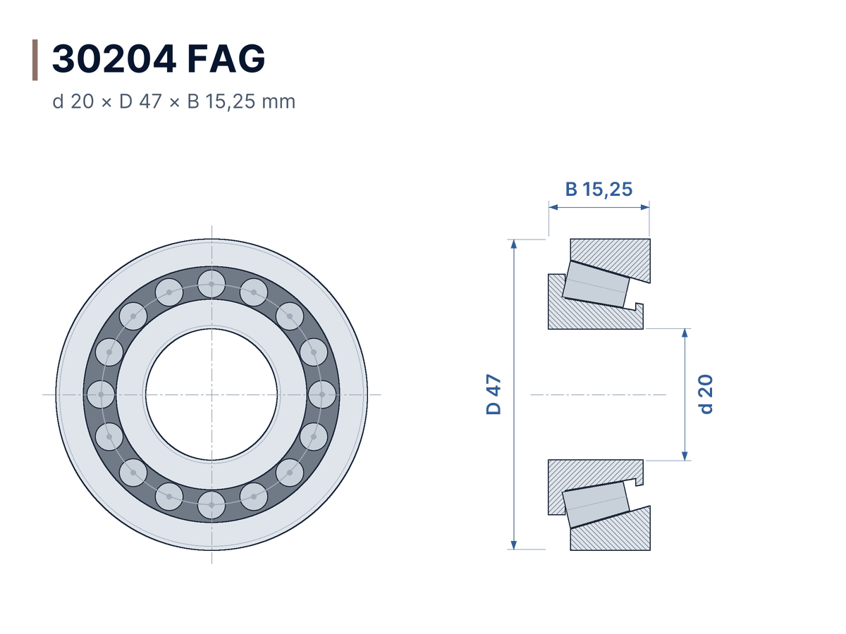 Plano acotado 30204 FAG – Rodamiento de rodillos cónicos 20x47x15,25 mm