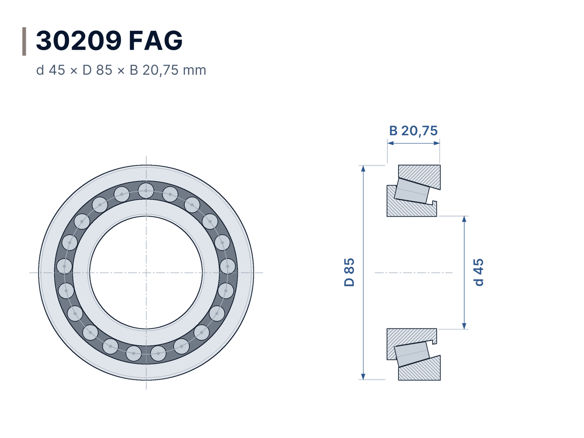 Dimensioned drawing 30209 FAG – Tapered roller bearing 45x85x20.75 mm