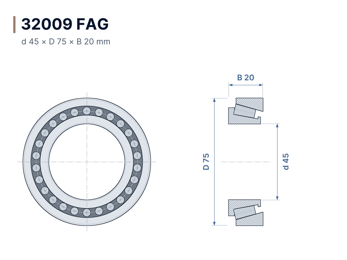 Plan coté 32009 FAG – Roulement à rouleaux coniques 45x75x20 mm