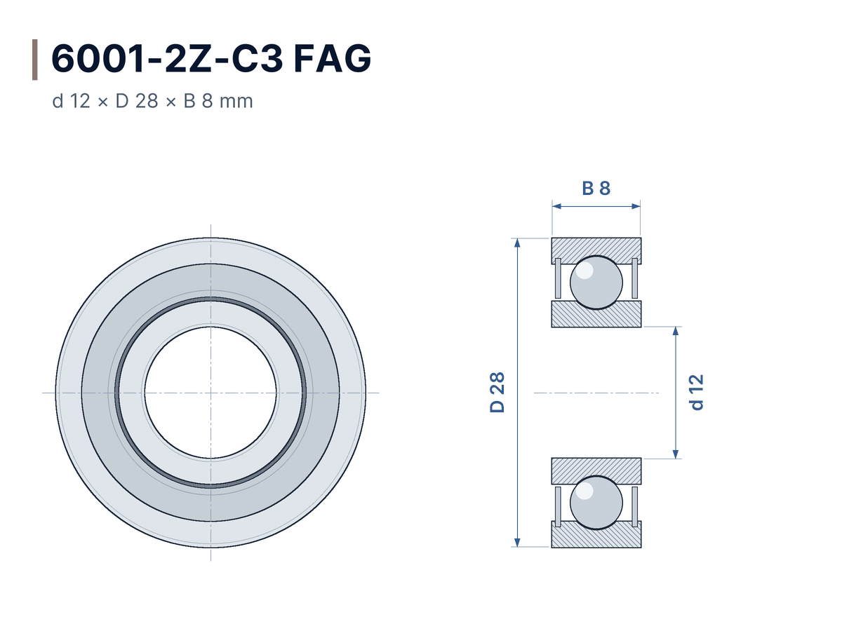Dimensioned drawing 6001-2Z-C3 FAG – Deep groove ball bearing 12x28x8 mm