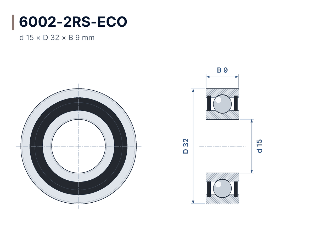 Dimensioned drawing 6002-2RS-ECO – Deep groove ball bearing 15x32x9 mm