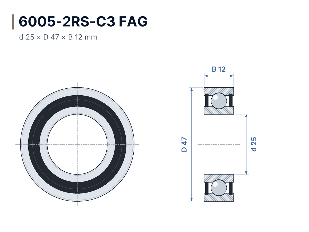 Disegno quotato 6005-2RS-C3 FAG – Cuscinetto rigido a sfere 25x47x12 mm