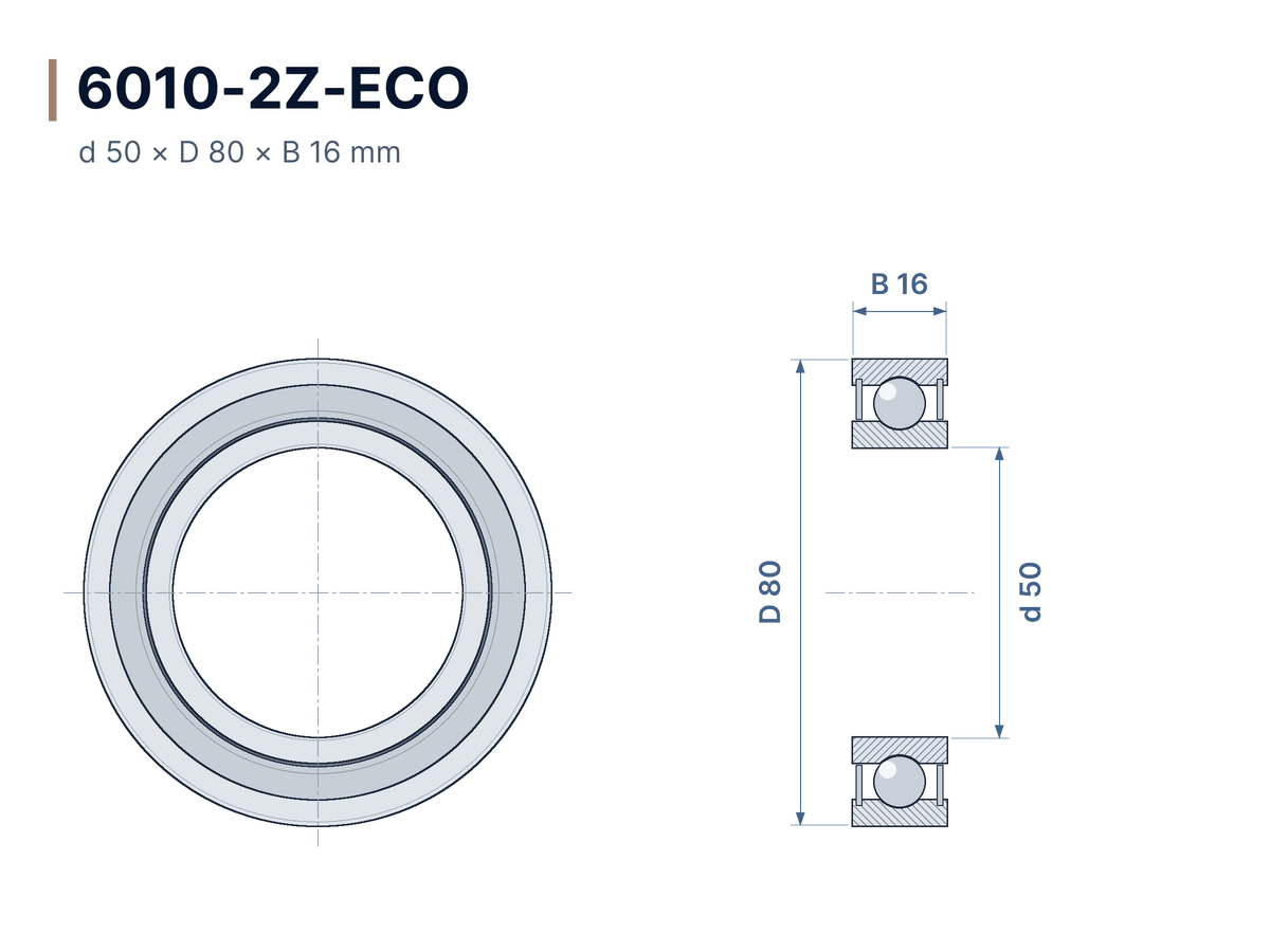 Disegno quotato 6010-2Z-ECO – Cuscinetto rigido a sfere 50x80x16 mm