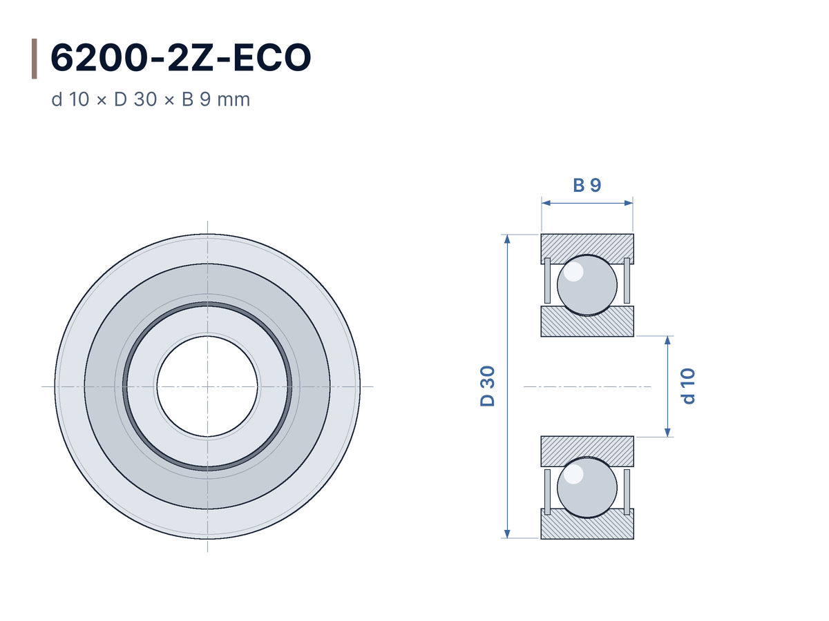 Dimensioned drawing 6200-2Z-ECO – Deep groove ball bearing 10x30x9 mm