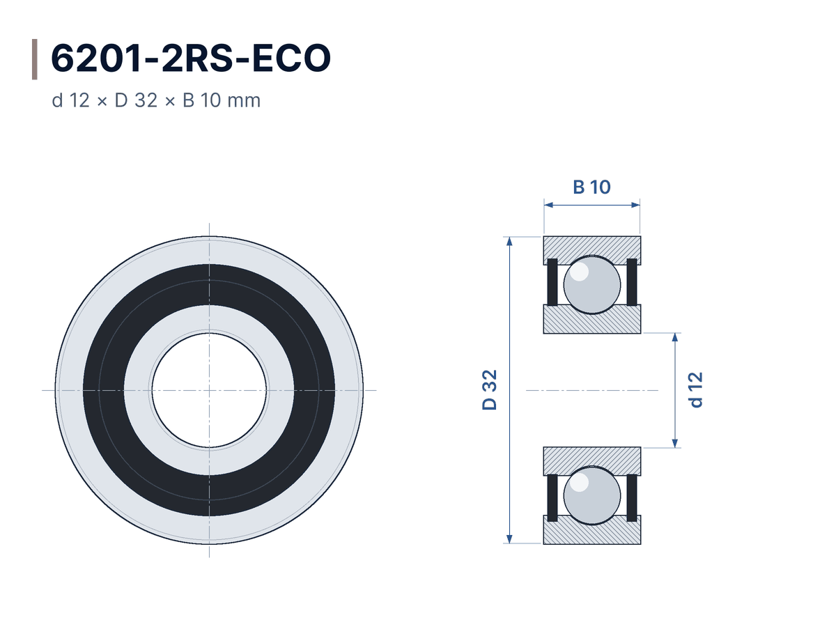 Plan coté 6201-2RS-ECO – Roulement rigide à billes 12x32x10 mm