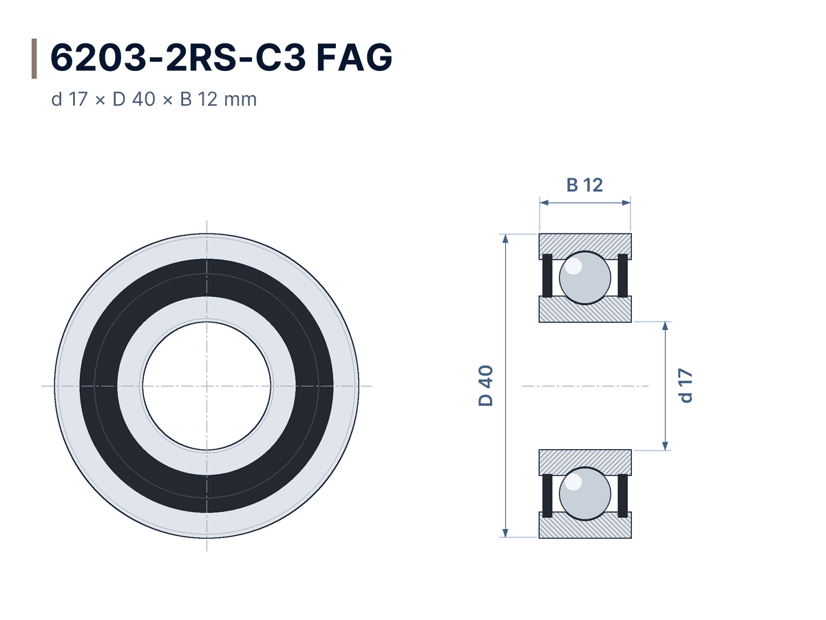 Plan coté 6203-2RS-C3 FAG – Roulement rigide à billes 17x40x12 mm