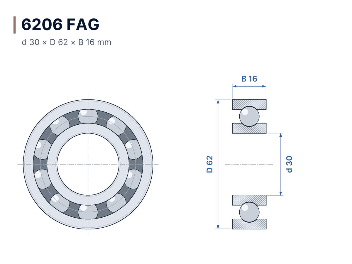 Dimensioned drawing 6206 FAG – Deep groove ball bearing 30x62x16 mm