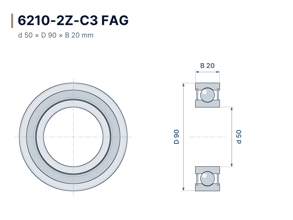 Plan coté 6210-2Z-C3 FAG – Roulement rigide à billes 50x90x20 mm